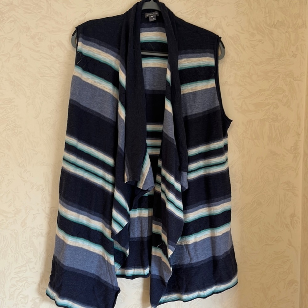 Eddie Bauer Blue & Cream Striped Waterfall Sleveless Cardigan Size XL